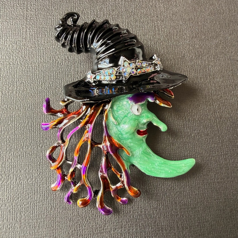 Moon Face Halloween Witch Brooch Pin Green Black Hat Rhinestone Enamel Jewelry